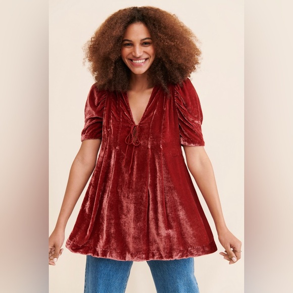 Free People Tops - Free People Adelle Velvet Tunic Red Size XL Short Sleeves Relaxed Fit
